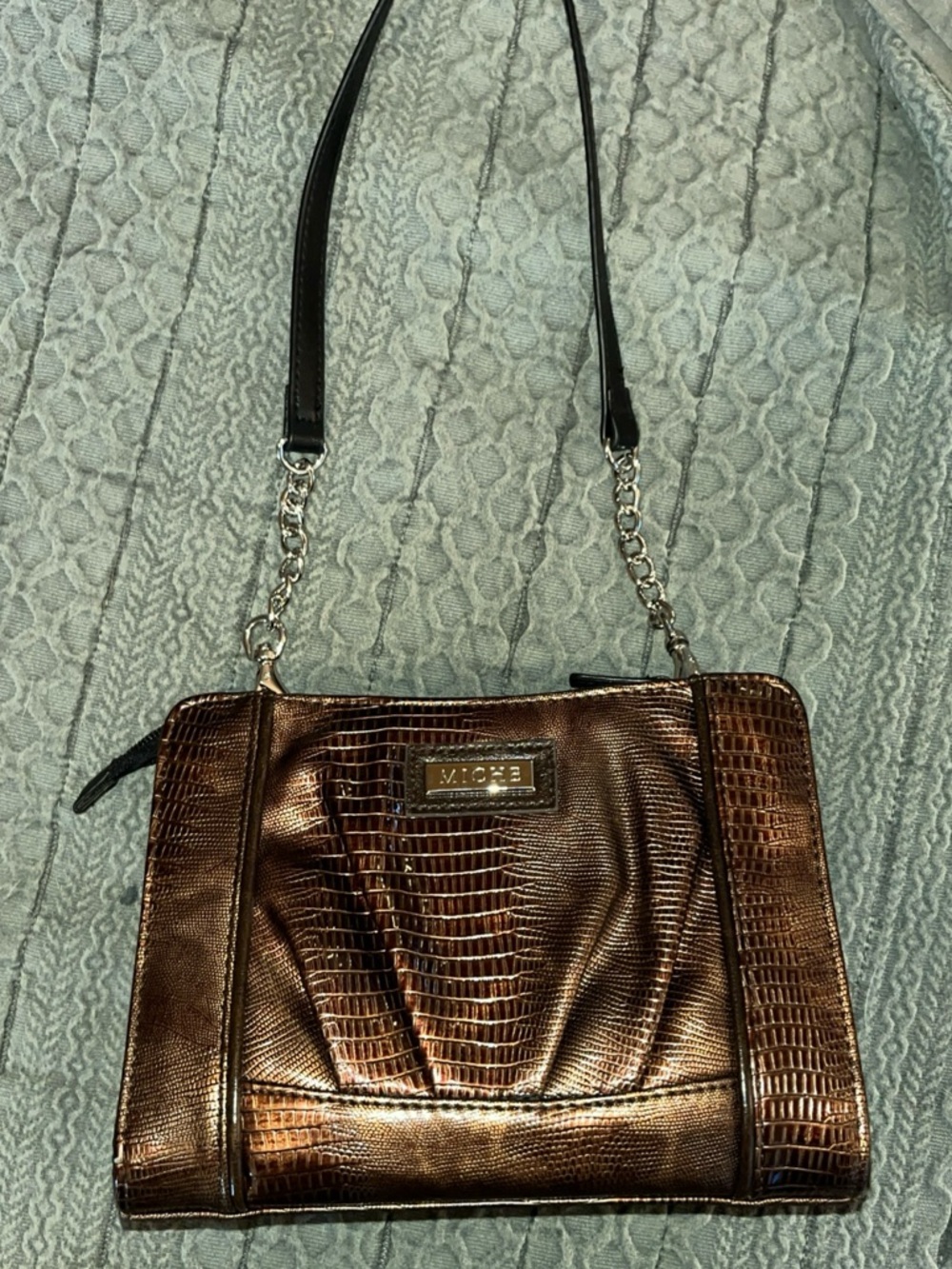 Miche Classic Brown Snakeskin Base Hand Bag Zip Up. Chain Strap